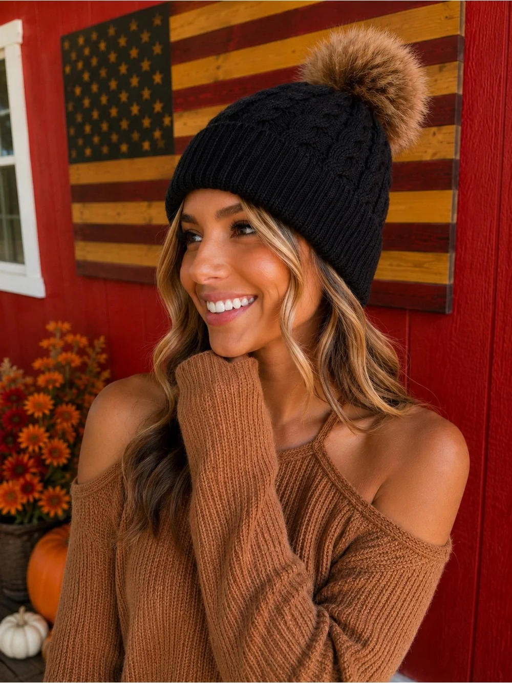 Women’s Black Knit Pom Pom Beanie Hat - Faux Fur Top